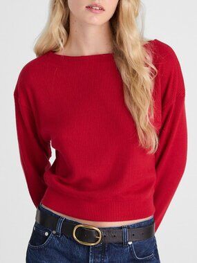 Madewell Boatneck Relaxed Rib-Knit Drop Shoulder Long Sleeves Top Red Size M NWT